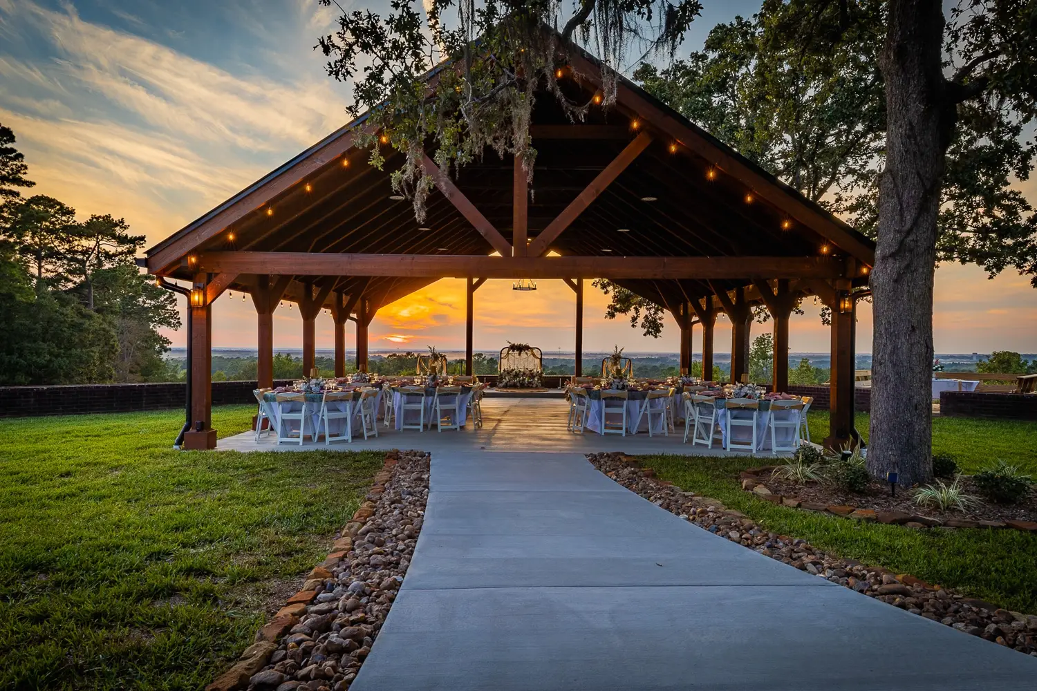 The walkway leading to The Tower pavilion at dusk
